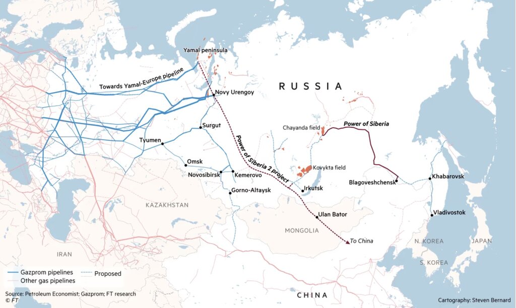 Bản đồ đường ống Sức mạnh Siberia 2 và mạng lưới đường ống của Gazprom. Ảnh chụp màn hình FT