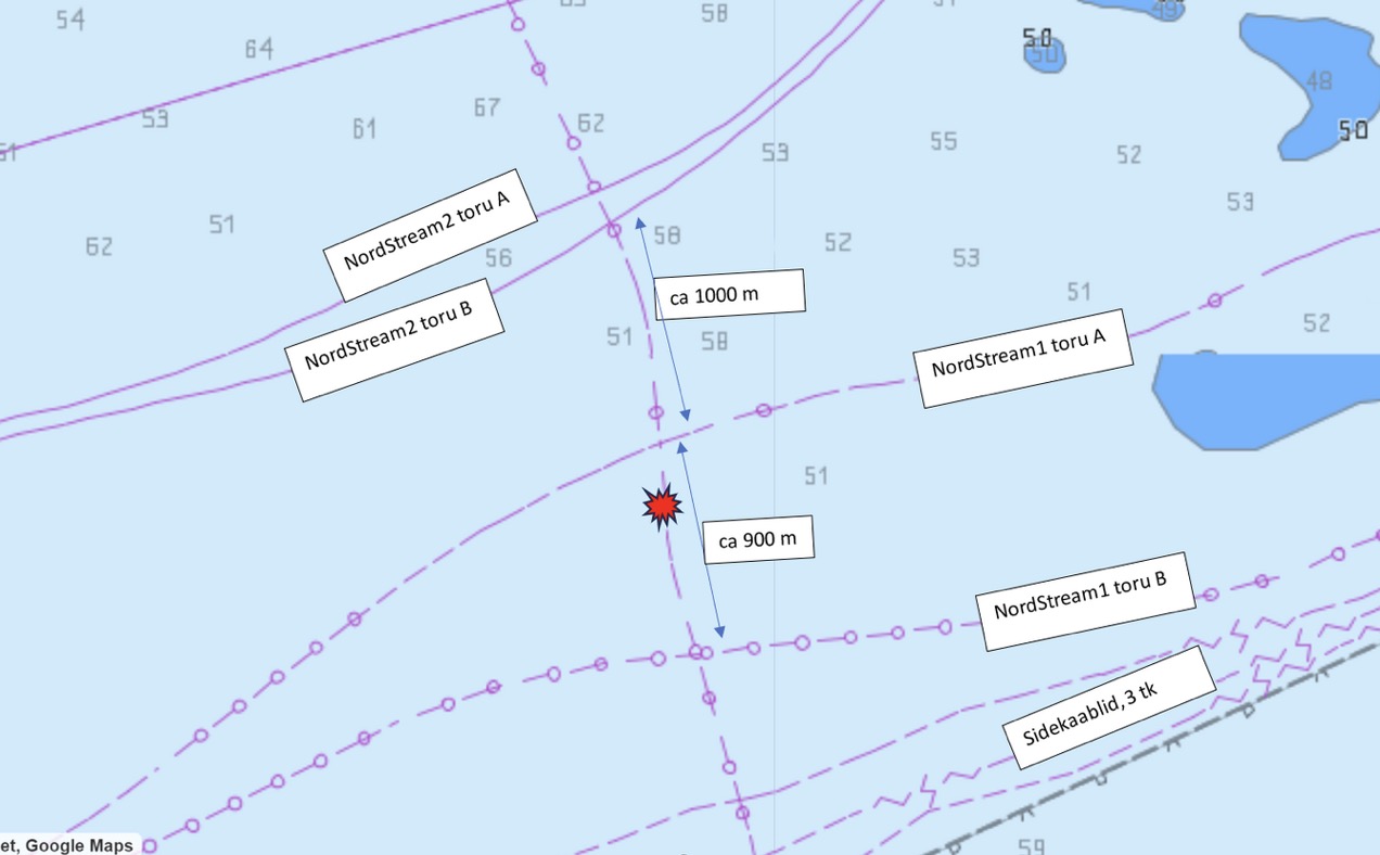 Vị trí đường ống dẫn khí Balticconnector bị đứt (ngôi sao đỏ) nằm giữa 2 tuyến của đường ống Nord Stream 1. Ảnh chụp màn hình EER