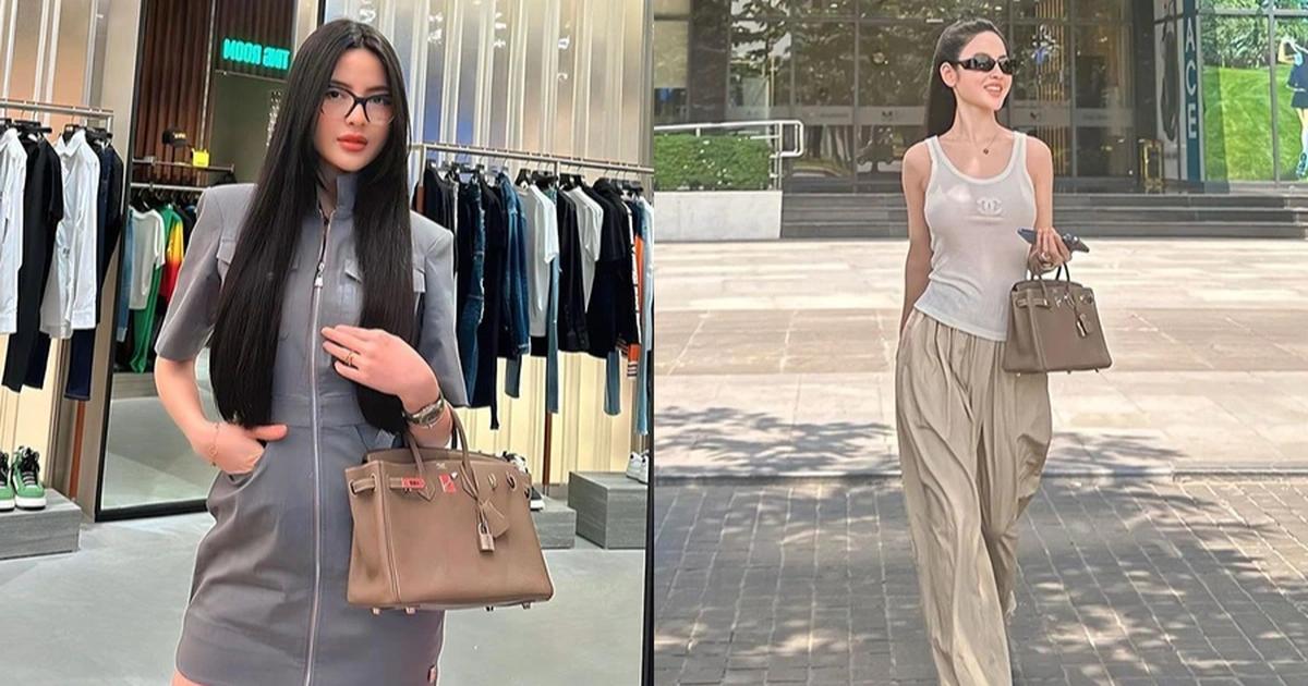 Trước đó, Quang Hải tặng vợ túi Hermes Birkin có giá khoảng 500 triệu đồng. Đây là chiếc túi mà cô sử dụng nhiều nhất mỗi khi ra đường. Chu Thanh Huyền khéo phối đồ với túi hàng hiệu. Ảnh: Facebook nhân vật.