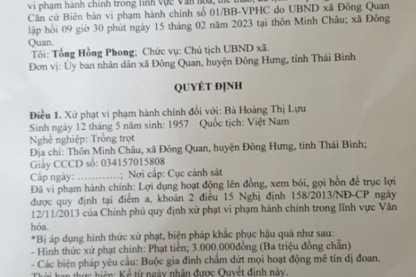 Thái Bình: Xử phạt 3 triệu đồng đối với cô đồng gọi hồn, áp vong