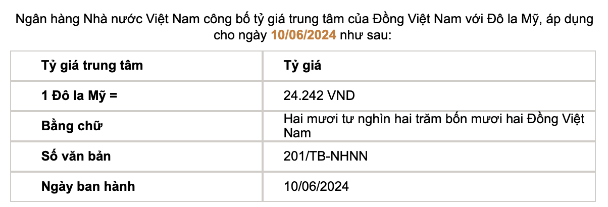 Tỷ giá trung tâm được Ngân hàng Nhà nước công bố. Ảnh chụp màn hình