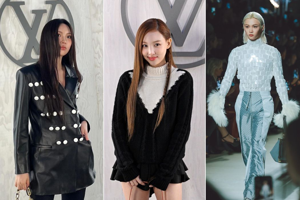 Dàn sao Kpop Hyein (NewJeans), Nayeon (TWICE) và Felix (Stray Kids) tham dự show Louis Vuitton. Ảnh: X