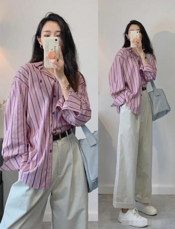 áo sơ mi, quần ống suông, thời trang
